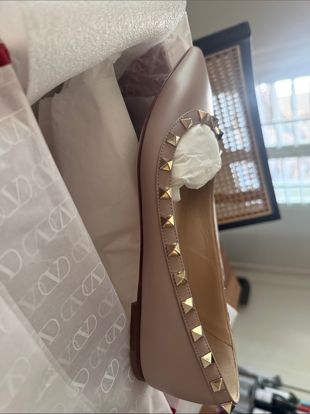 Valentino Garavani Taupe Leather Rockstud Ballet Flats